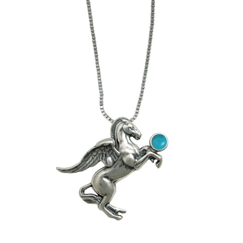 Sterling Silver Greek Winged Horse Pegasus Pendant With Turquoise